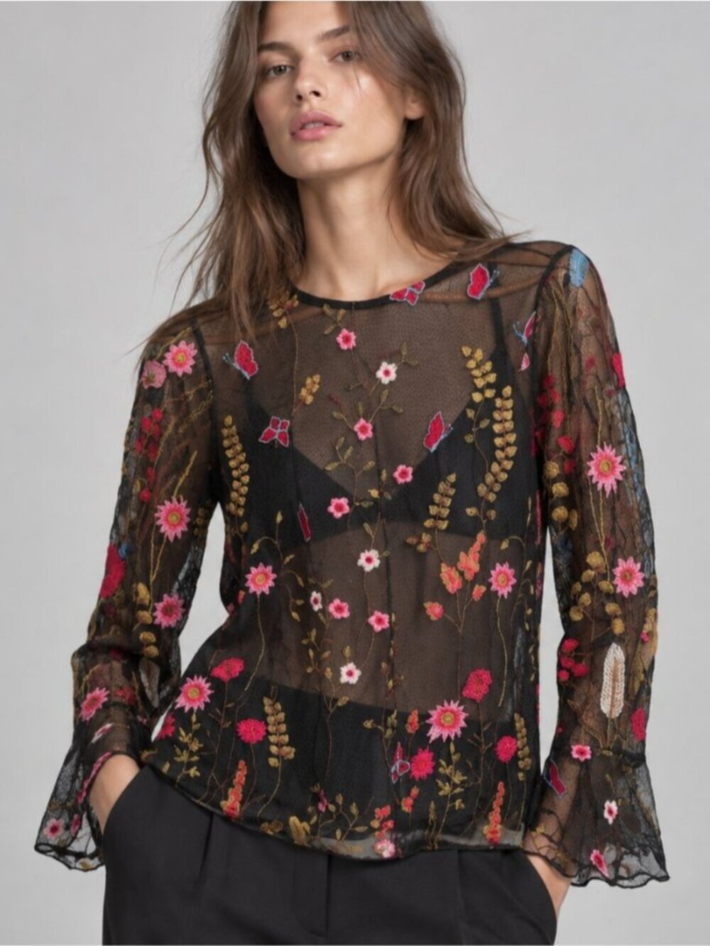 Suzy Shier Embroidered Mesh Blouse